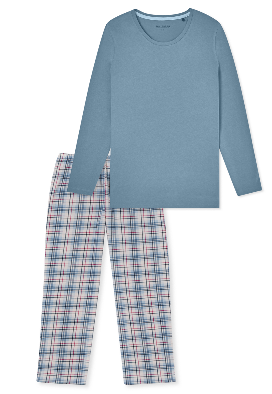 SCHIESSER Comfort Essentials pyjamaset, dames pyjama lang blauw-grijs