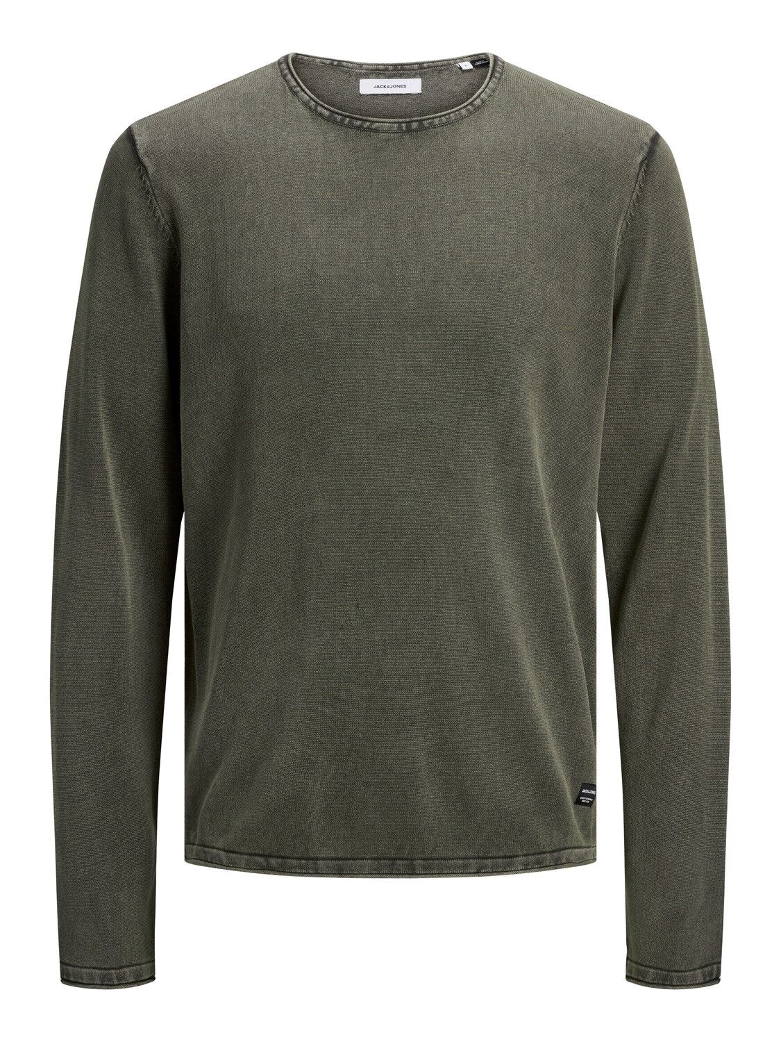 JACK & JONES slim fit trui katoen, O-hals, verwassen olijfgroen