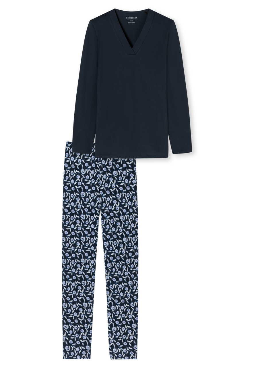 SCHIESSER Comfort Nightwear pyjamaset, dames pyjama lang biologisch katoen V-hals nachtblauw