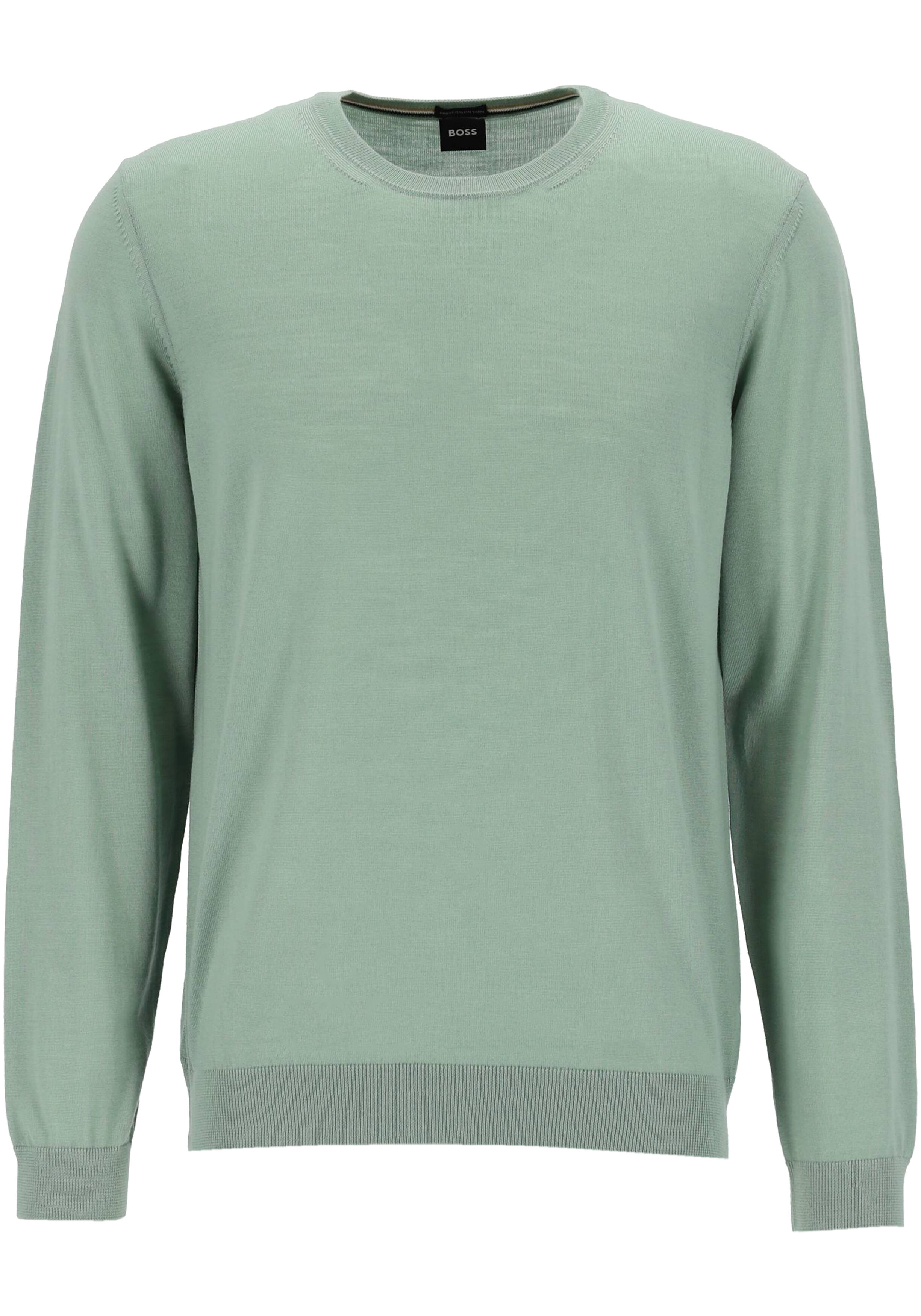 BOSS Leno slim fit trui wol, heren pullover middeldik O-hals, groen