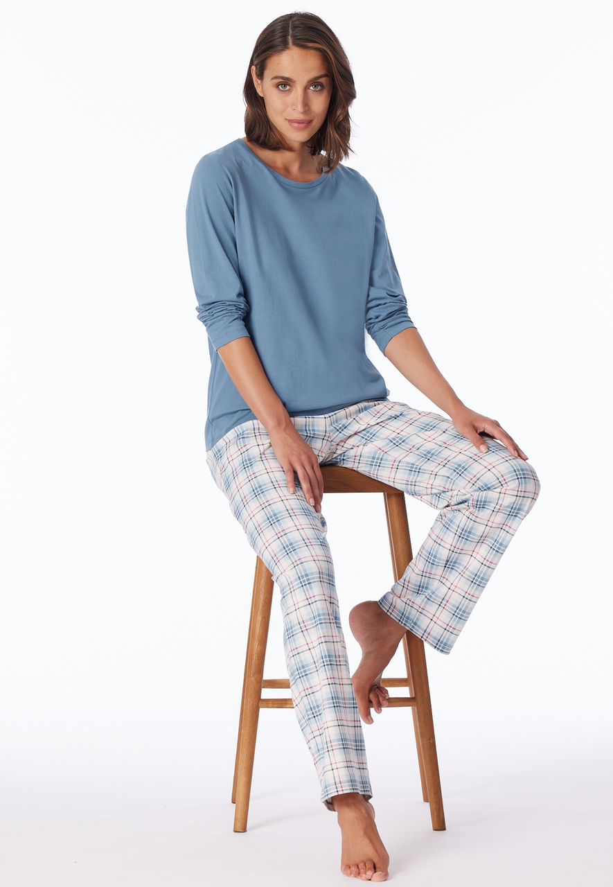 SCHIESSER Comfort Essentials pyjamaset, dames pyjama lang blauw-grijs