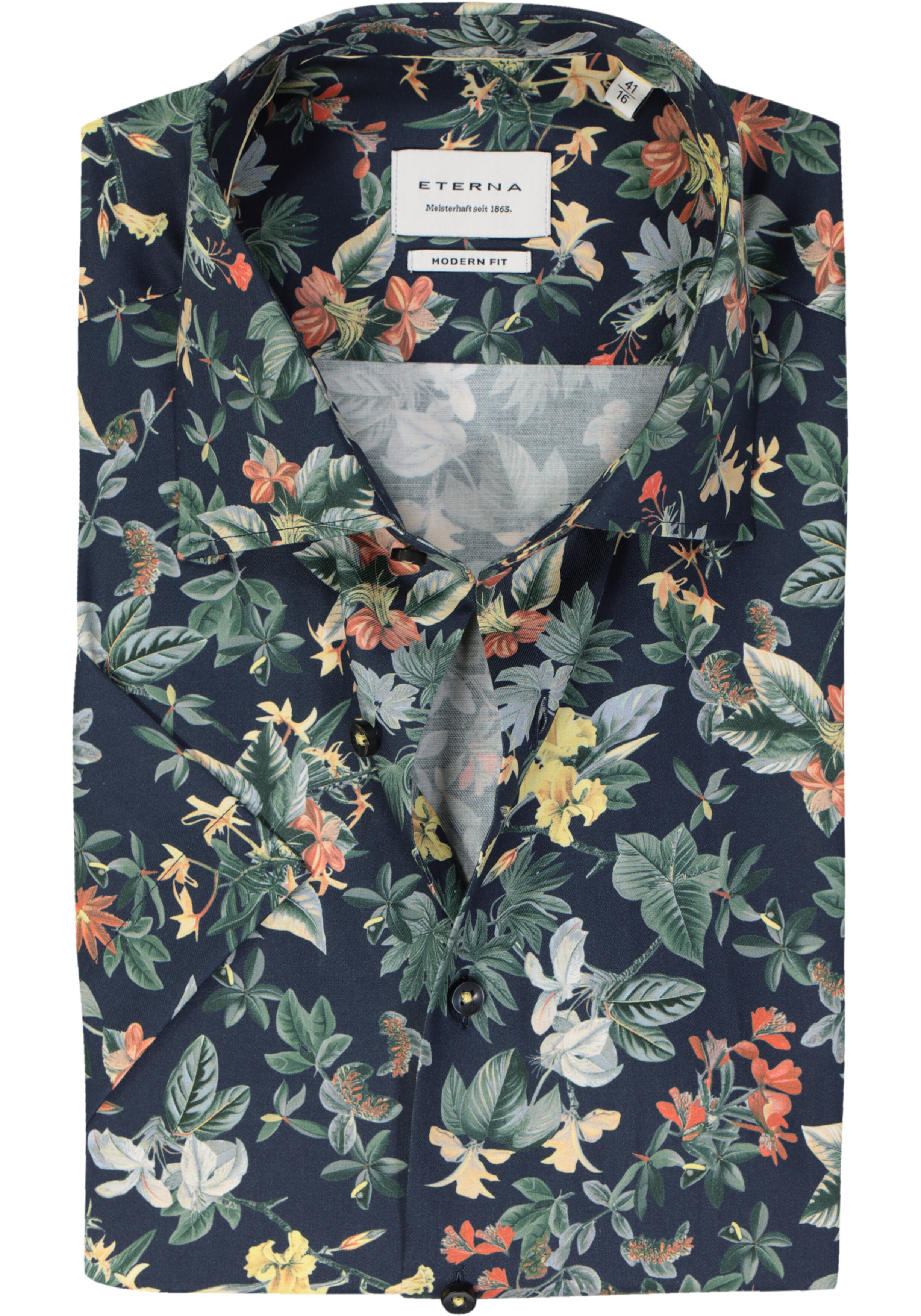 ETERNA modern fit overhemd korte mouw, popeline, donkerblauw bloemen dessin