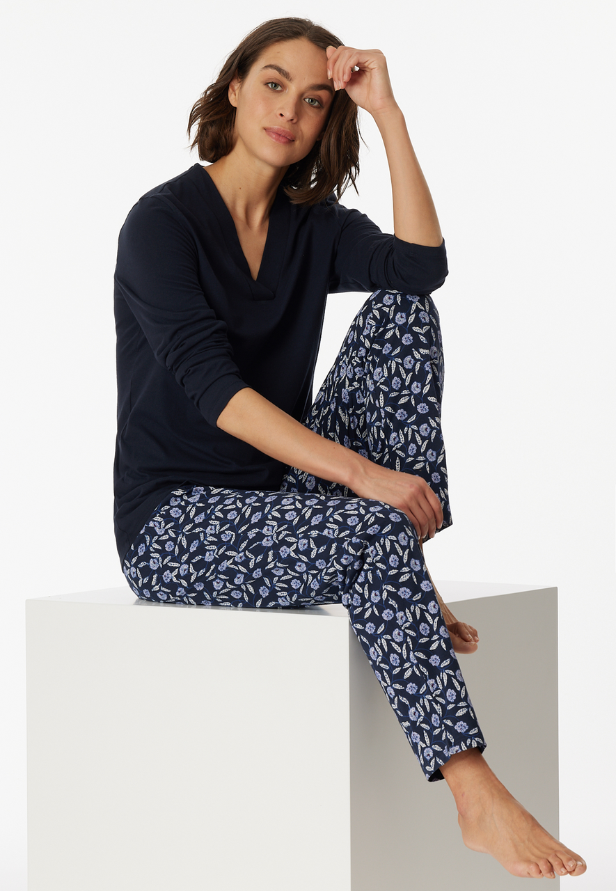 SCHIESSER Comfort Nightwear pyjamaset, dames pyjama lang biologisch katoen V-hals nachtblauw
