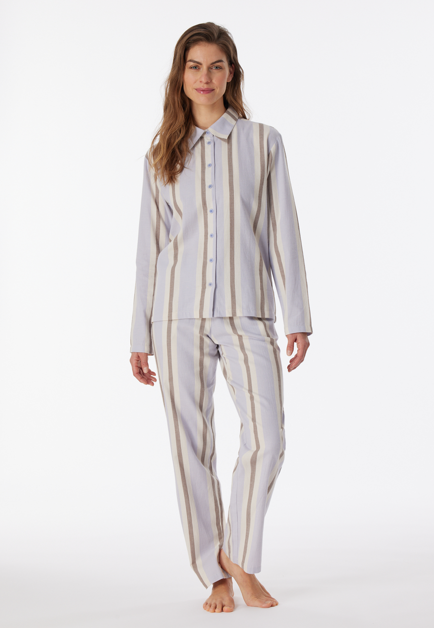 SCHIESSER Selected! Premium pyjamaset, dames pyjama lang flanel biologisch katoen gestreept lila