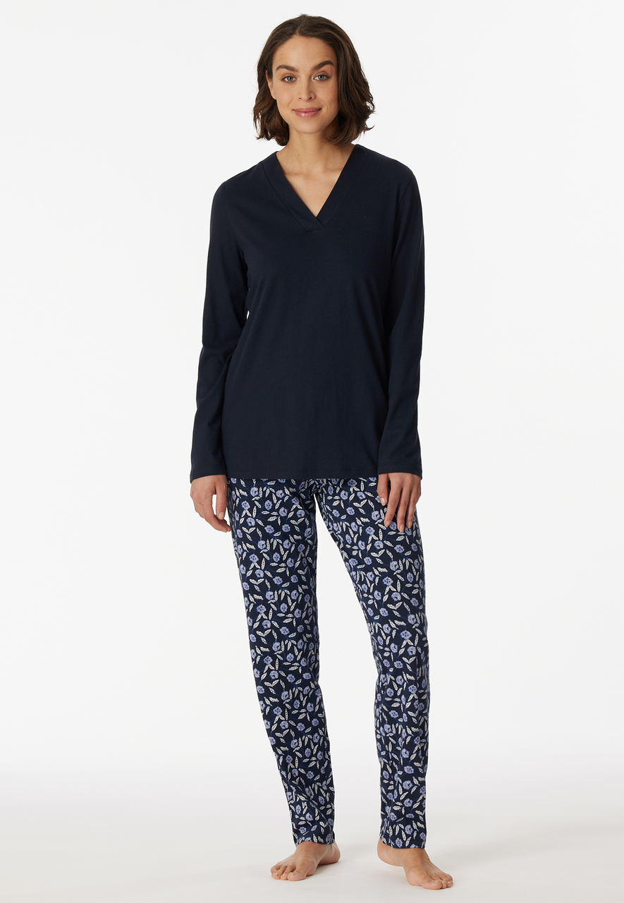 SCHIESSER Comfort Nightwear pyjamaset, dames pyjama lang biologisch katoen V-hals nachtblauw