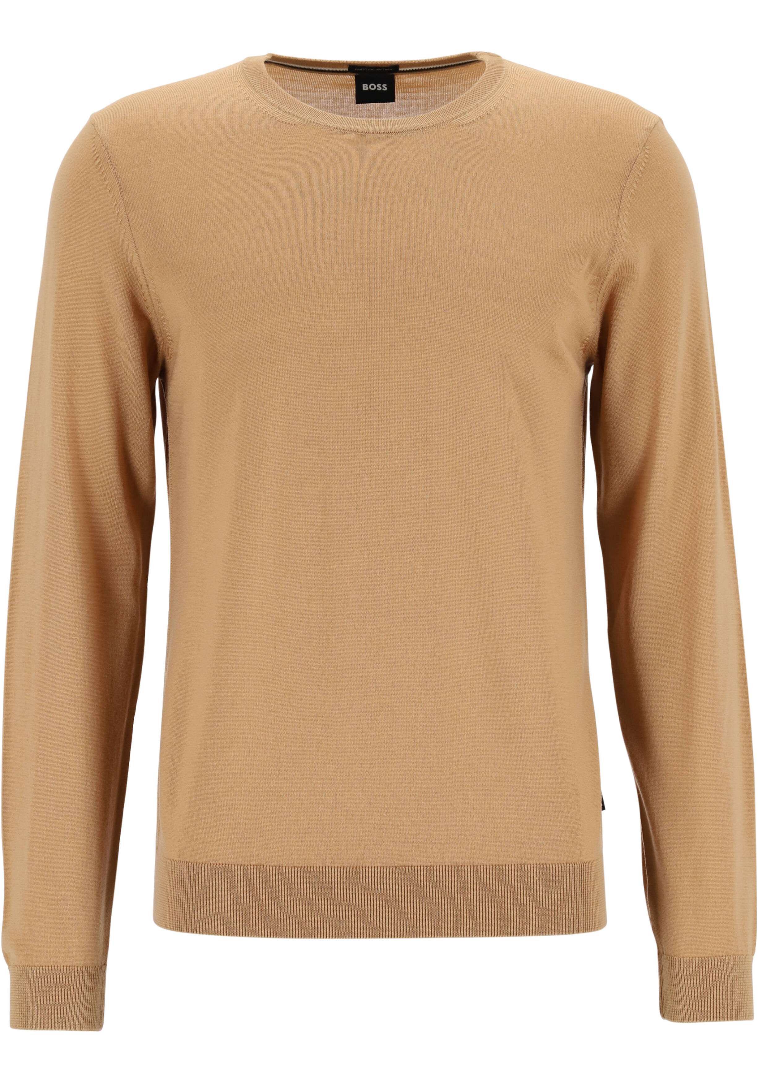 BOSS Leno heren trui wol, slim fit met O-hals, camel bruin