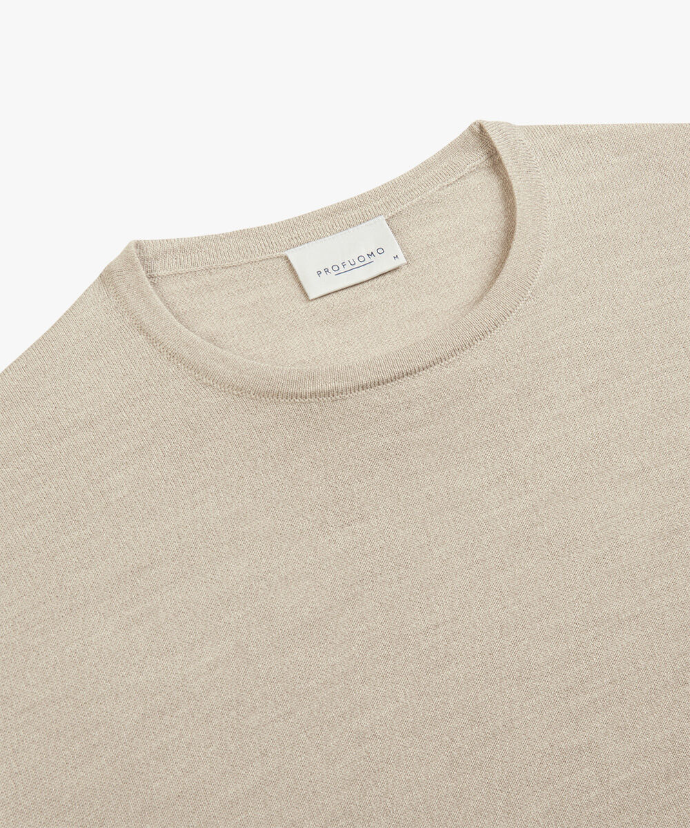 Profuomo heren trui wol, slim fit trui met O-hals, beige