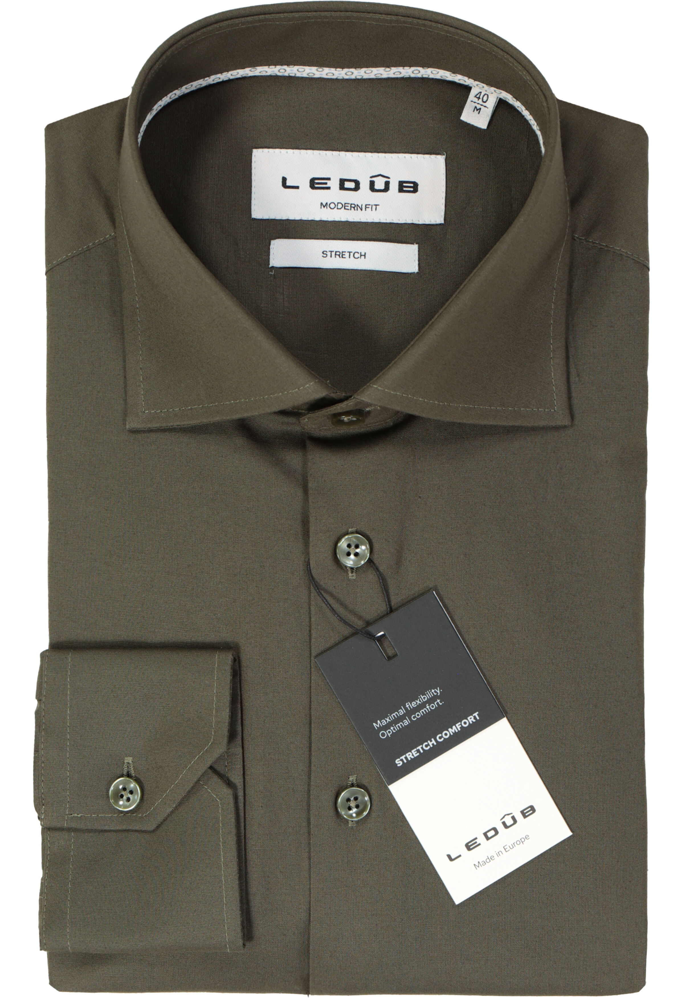 Ledub modern fit overhemd, popeline, donker olijfgroen