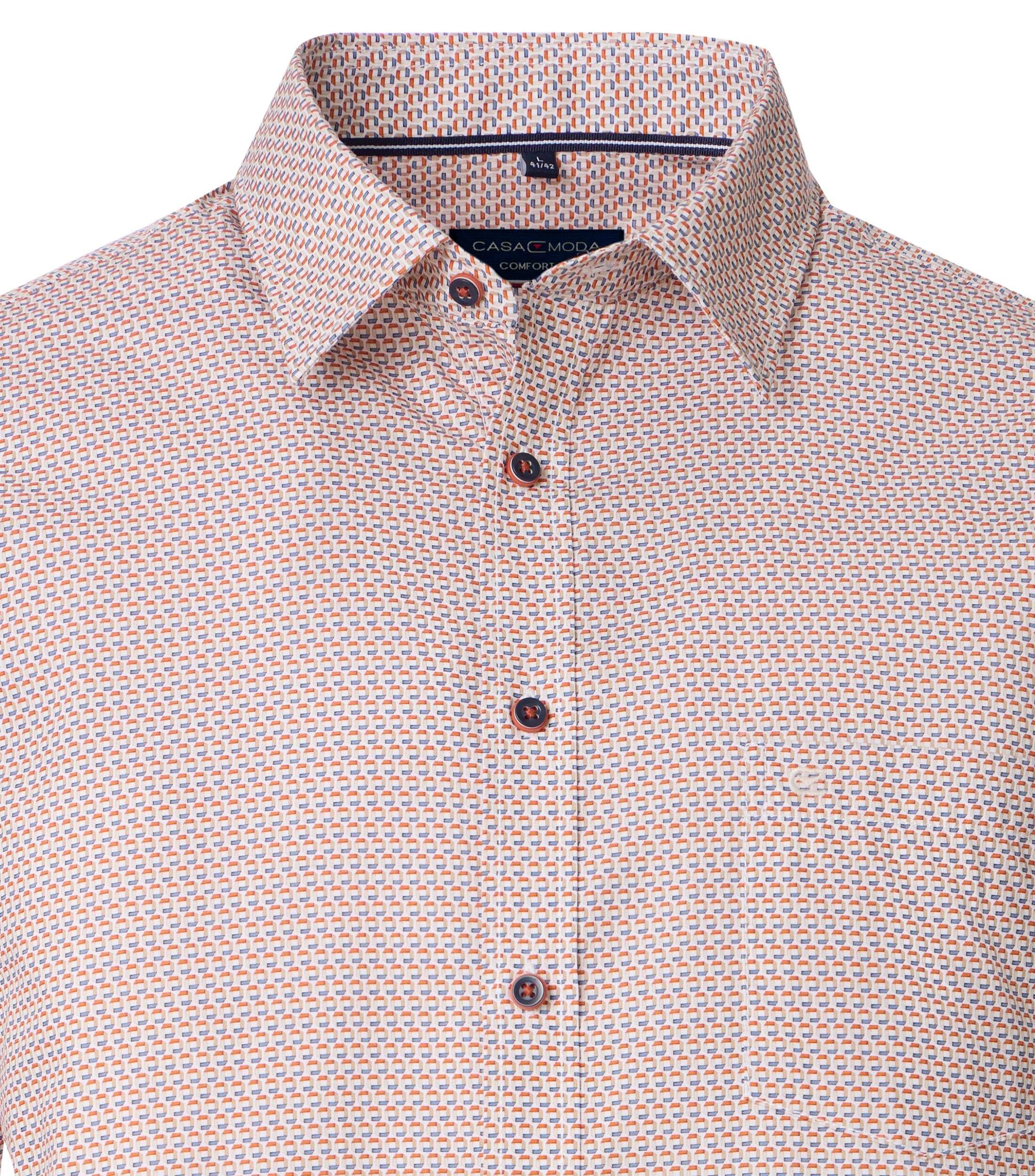 CASA MODA Sport comfort fit overhemd, korte mouw, popeline, wit met oranje en blauw dessin
