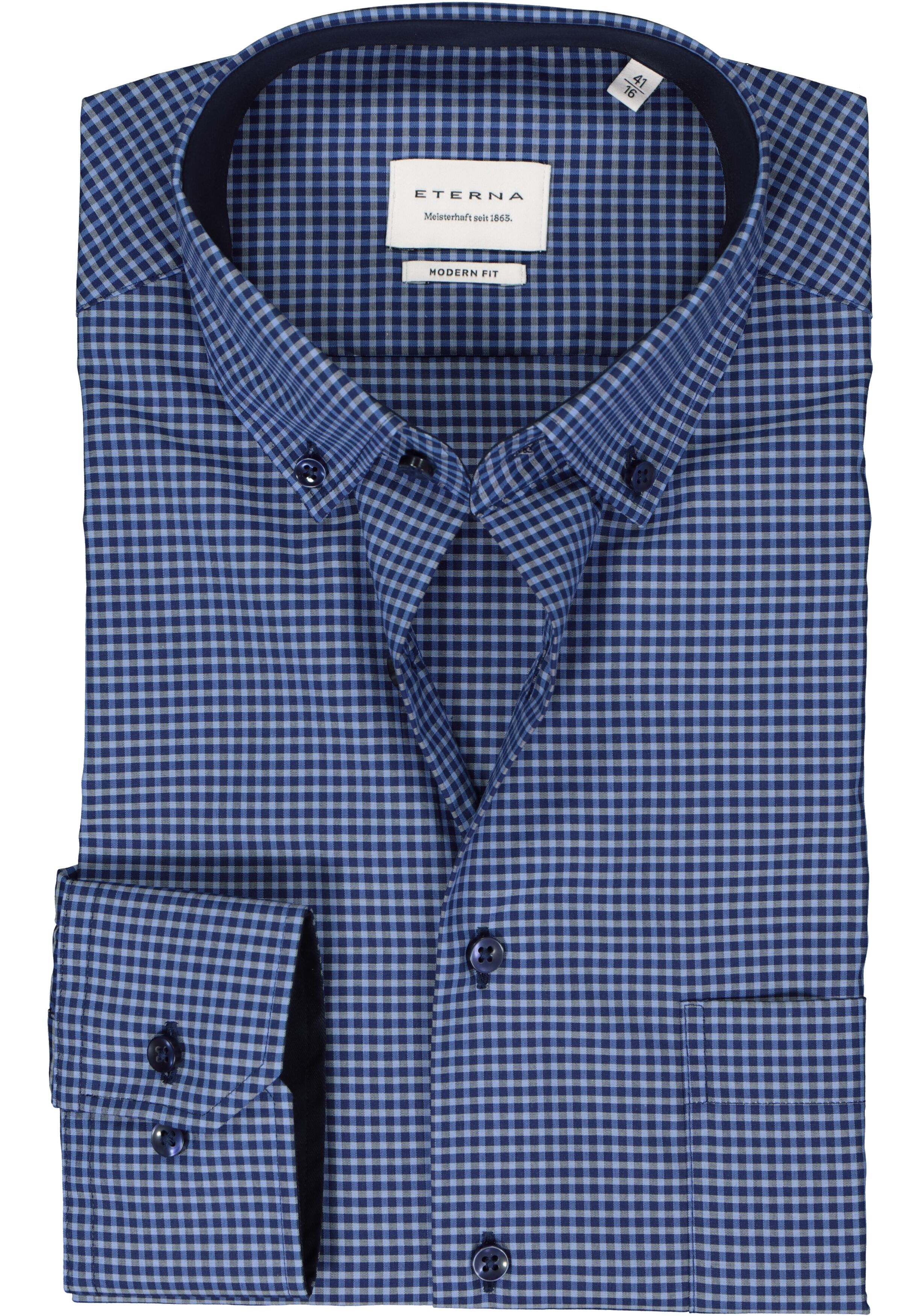 ETERNA modern fit overhemd, popeline, blauw geruit (contrast)