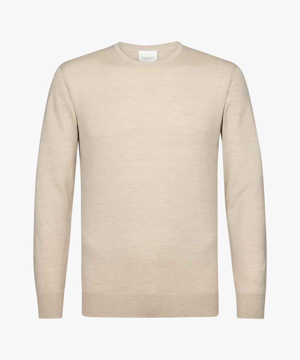 Profuomo heren trui wol, slim fit trui met O-hals, beige